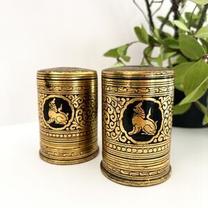 Lot of 2 Vintage Burmese Lacquered Betel Boxes Gold Black Burma Decor